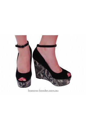 Shoes - Inniu - Snakeskin Look Wedge Heel - Black and Cream