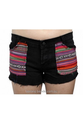 Shorts - Just Add Sugar - Black Denim with patterned pockets