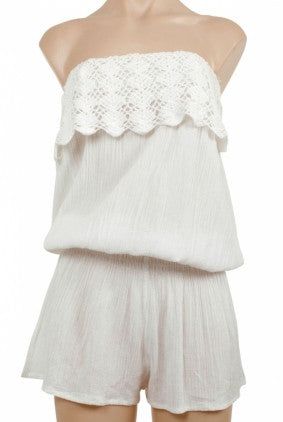 Play Suit - Miss Cocoa - White with Crochet Detail