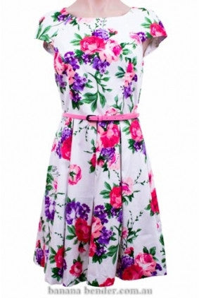 Dress - Party - White Closet - Capped Sleeve - Pink and white + FREE belt