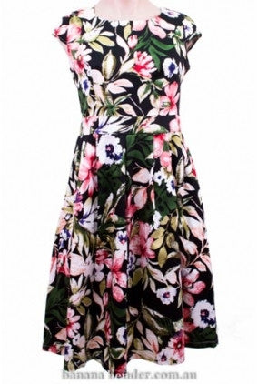 Dress - Party - Xcepsion - Black with Floral - Pleated at Waist - Capped Sleeve