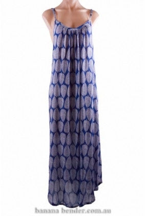 Dress - Maxi - BB - Adjustable Straps - Leaf Pattern - One Size - Dark Blue