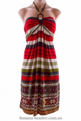 Dress - Casual - Cherry Lane - Necklace Strap - Red and Olive