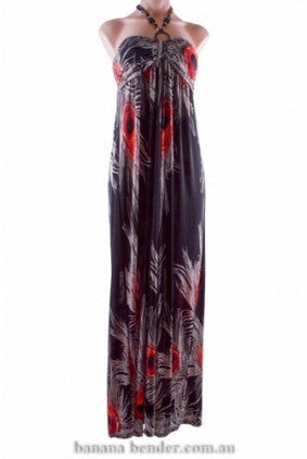 Dress - Maxi - Cherry Lane - Necklace Strap - Peacock Print - Black and Red