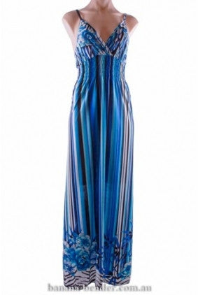 Dress - Maxi - Cherry Lane - Cross over front - Rouched Elastic Under Bust - Blue