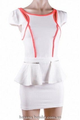 Dress - Party - Paper Heart - Capped Sleeve - White with Neon Orange Trimming