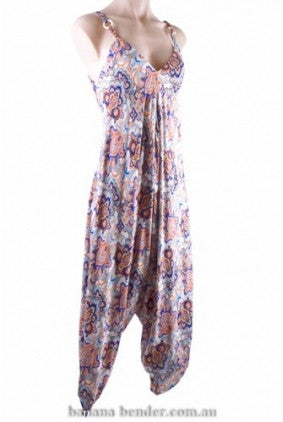 Jumpsuit - Adjustable Straps - Harem Print - Orange and Blue