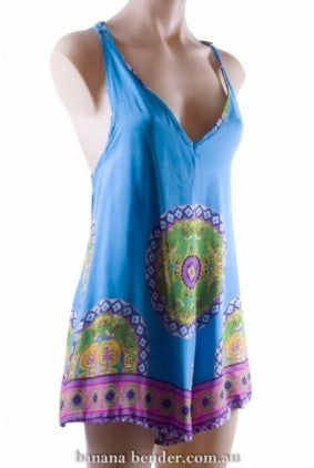 Play Suit - Cross Over Back Straps - Lined - Harem Print - Blue