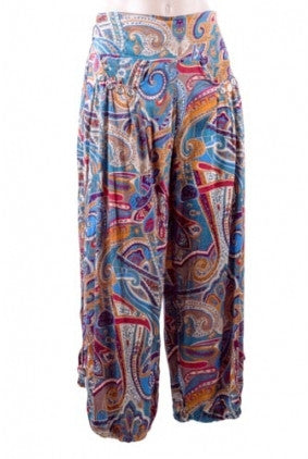 Pants - Harem - Paisley Print - Turquoise and Orange