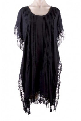 Top - Kaftan - Sun Goddess - Pleated detail on front - Lace detail on sides and bottom - Black