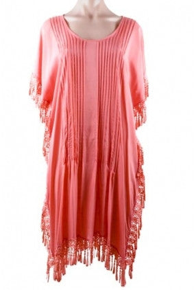 Top - Kaftan - Sun Goddess - Pleated detail on front - Lace detail on sides and bottom - Coral