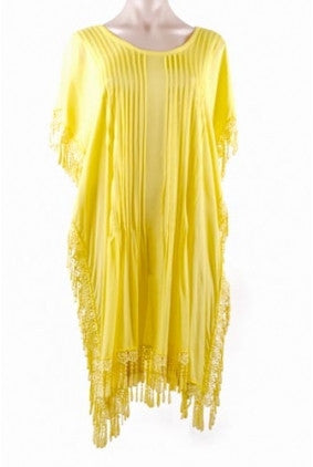 Top - Kaftan - Sun Goddess - Pleated detail on front - Lace detail on sides and bottom - Yellow