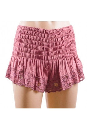 Shorts - Sun Goddess - Sherred Waist - Lace Look Detail - Burgandy