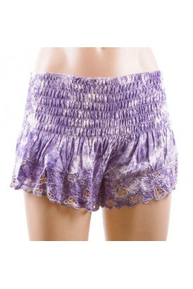 Shorts - Sun Goddess - Sherred Waist - Lace Look Detail - Purple and White