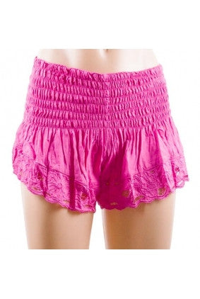 Shorts - Sun Goddess - Sherred Waist - Lace Look Detail - Hot Pink