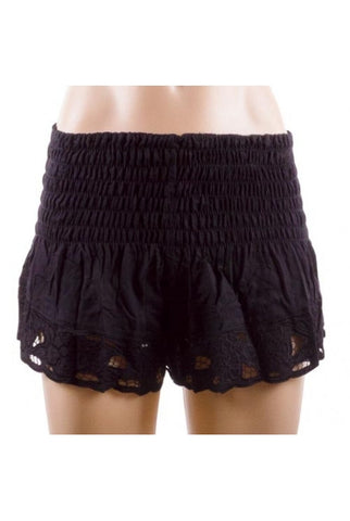 Shorts - Sun Goddess - Sherred Waist - Lace Look Detail - Black