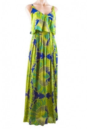 Dress - Maxi - Frill Top - Blue Green Leaf