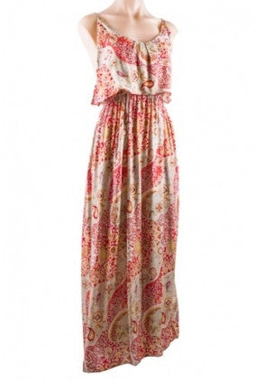 Dress - Maxi - Frill Top - Orange and Red Paisley