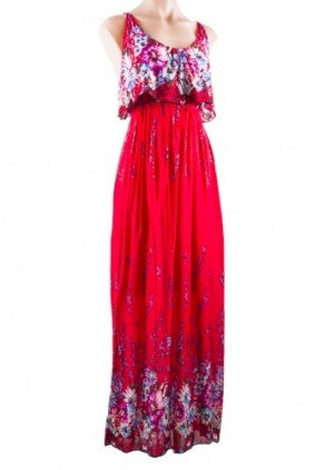 Dress - Maxi - Frill Top - Red Floral